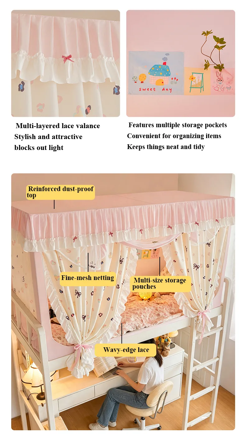 Thickened fabric student-style bed canopy with cartoon print