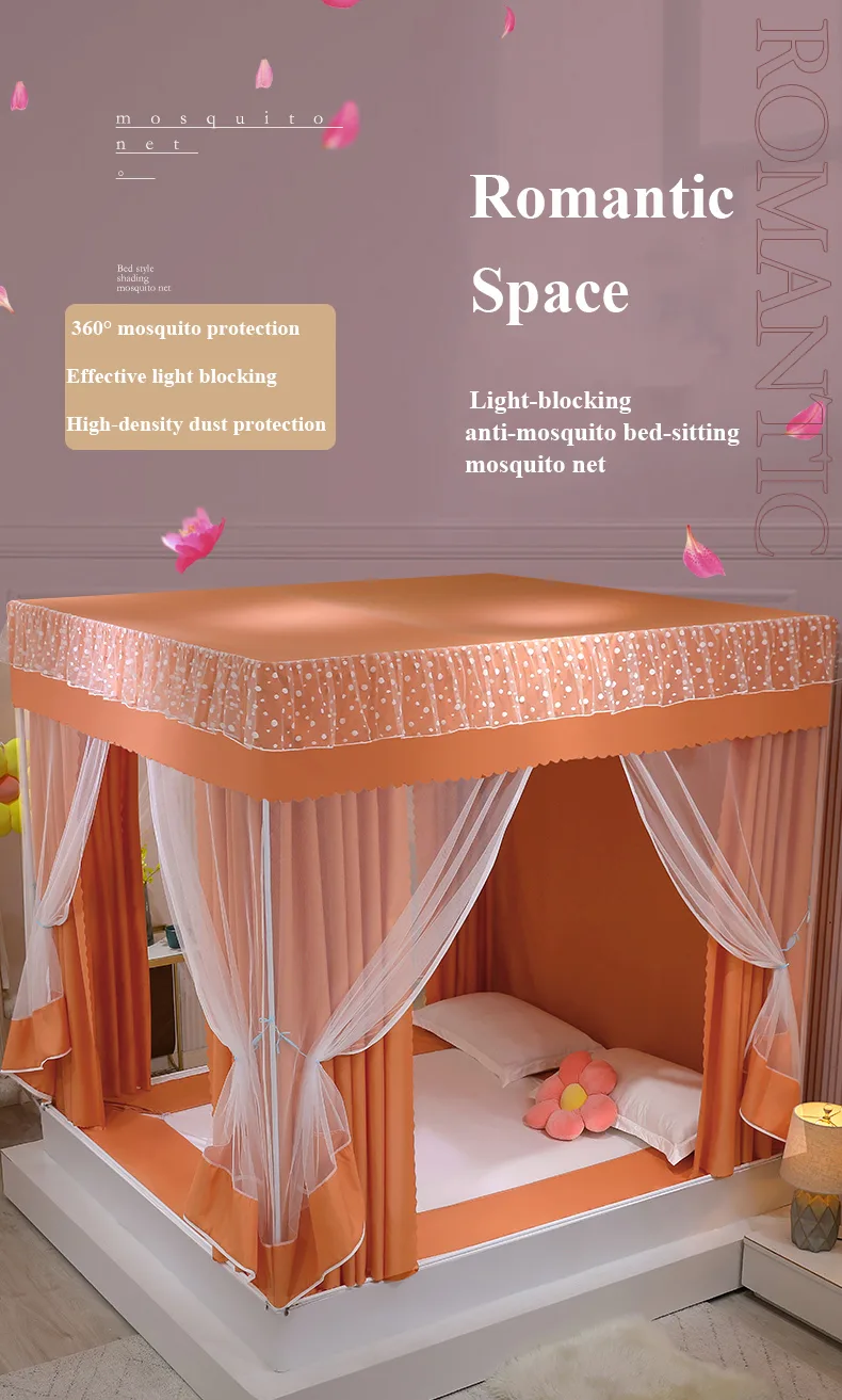 Fresh, minimalist style featuring orange bed drapes and a mosquito net