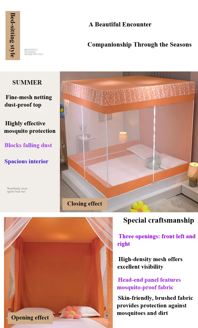 Fresh, minimalist style featuring orange bed drapes and a mosquito net