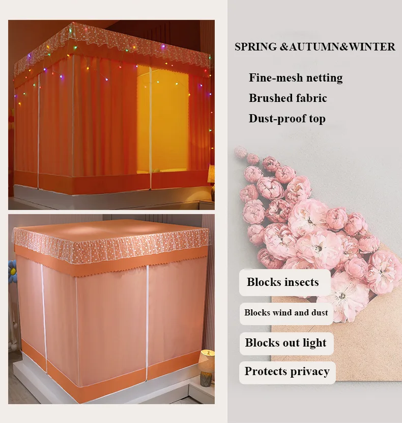 Fresh, minimalist style featuring orange bed drapes and a mosquito net