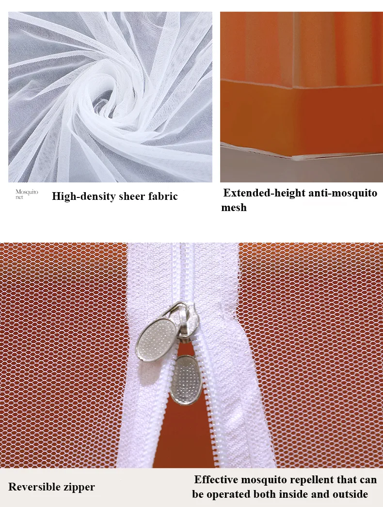Fresh, minimalist style featuring orange bed drapes and a mosquito net