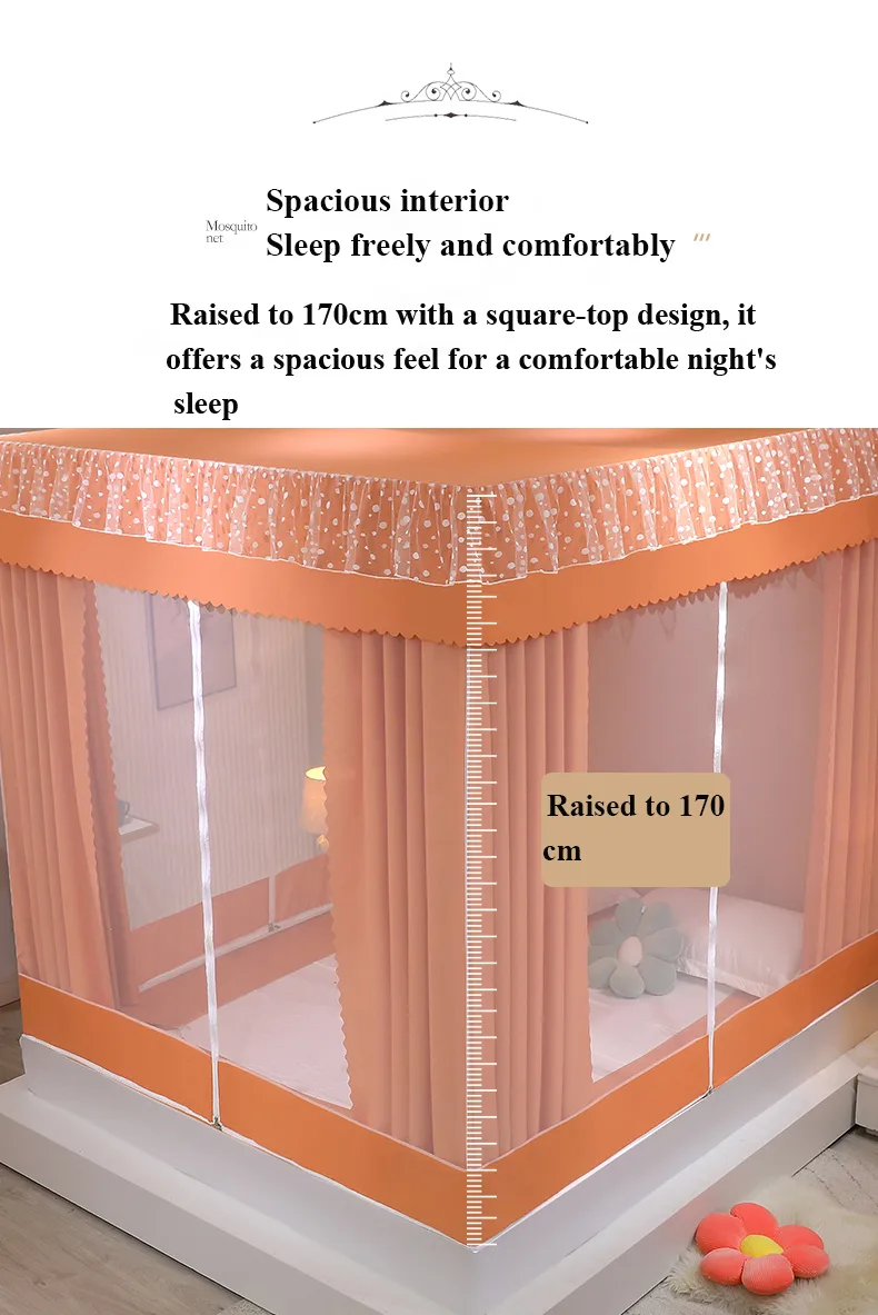 Fresh, minimalist style featuring orange bed drapes and a mosquito net