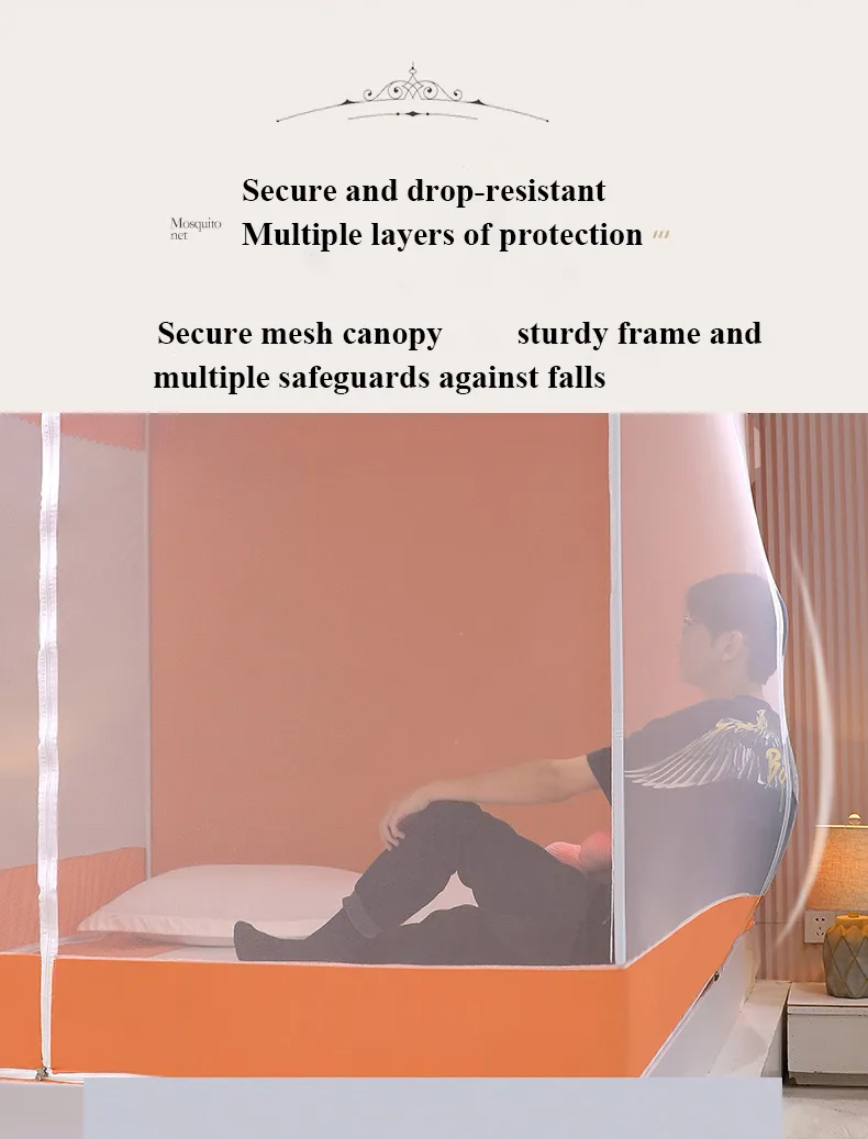 Fresh, minimalist style featuring orange bed drapes and a mosquito net