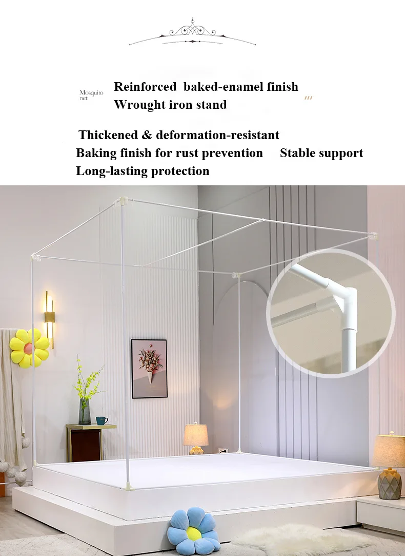 Fresh, minimalist style featuring orange bed drapes and a mosquito net