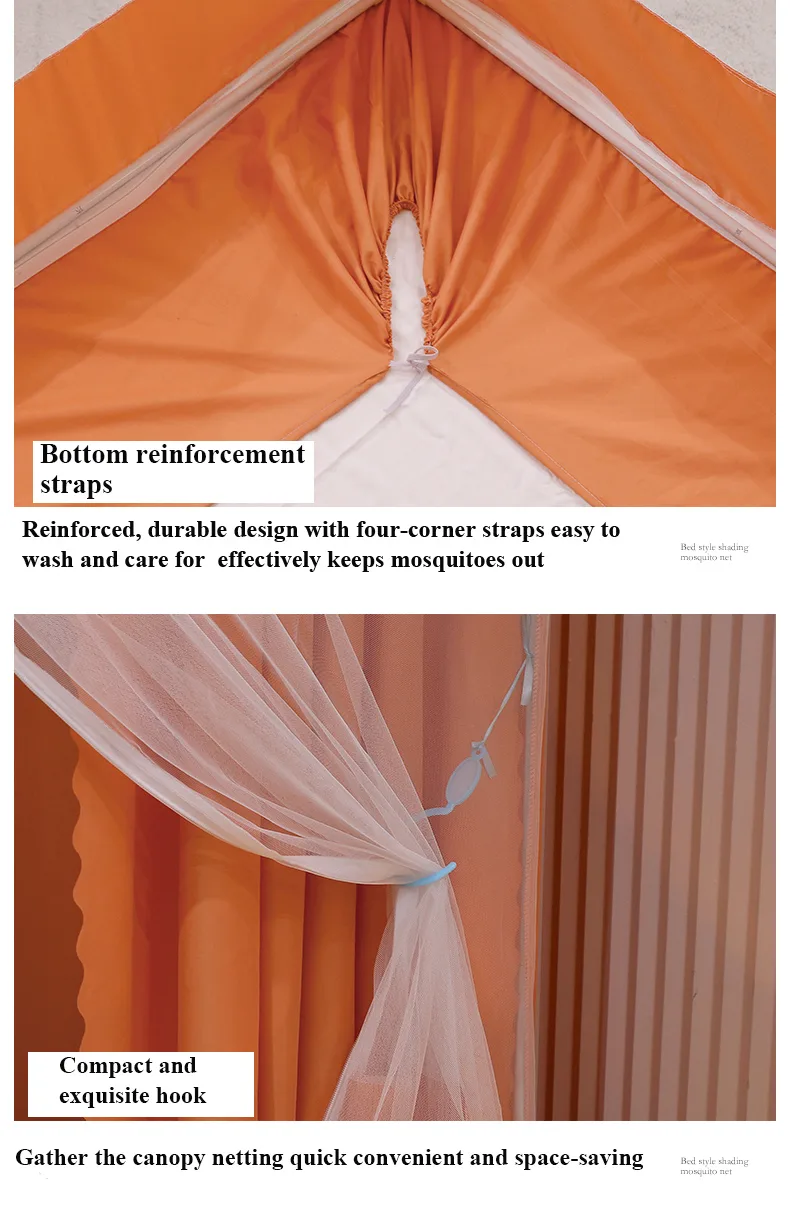 Fresh, minimalist style featuring orange bed drapes and a mosquito net
