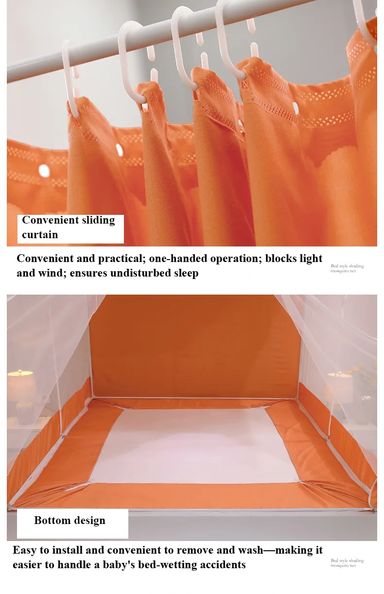 Fresh, minimalist style featuring orange bed drapes and a mosquito net
