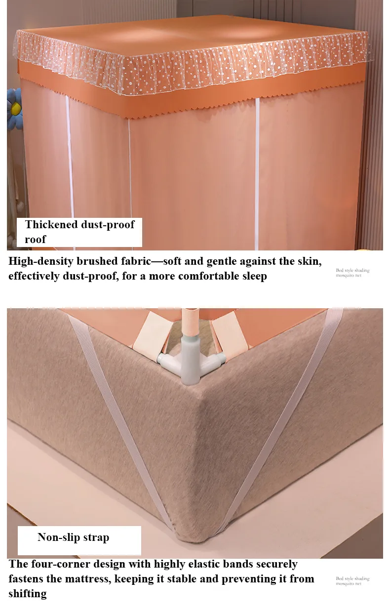 Fresh, minimalist style featuring orange bed drapes and a mosquito net