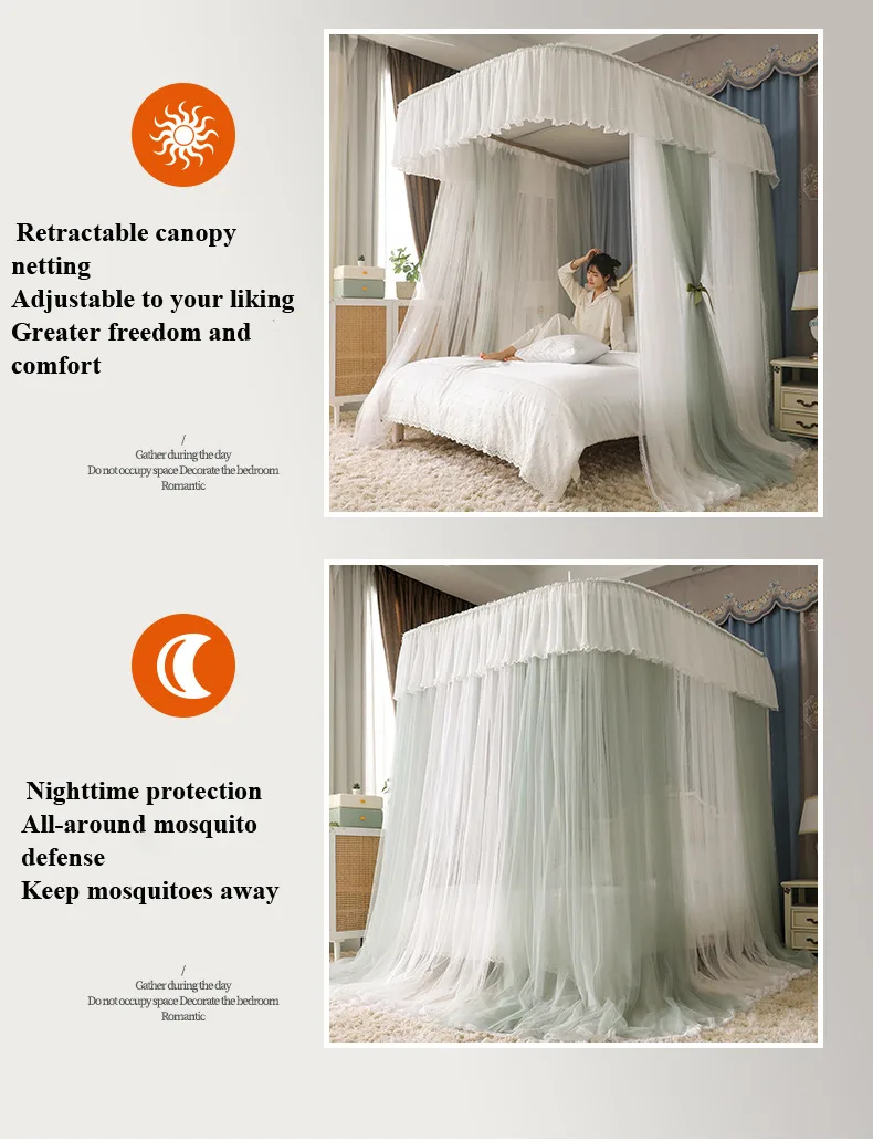 U-Shaped Telescopic Rail for 3-Opening Mosquito Net – Palace-Style Floor-Length Princess Design