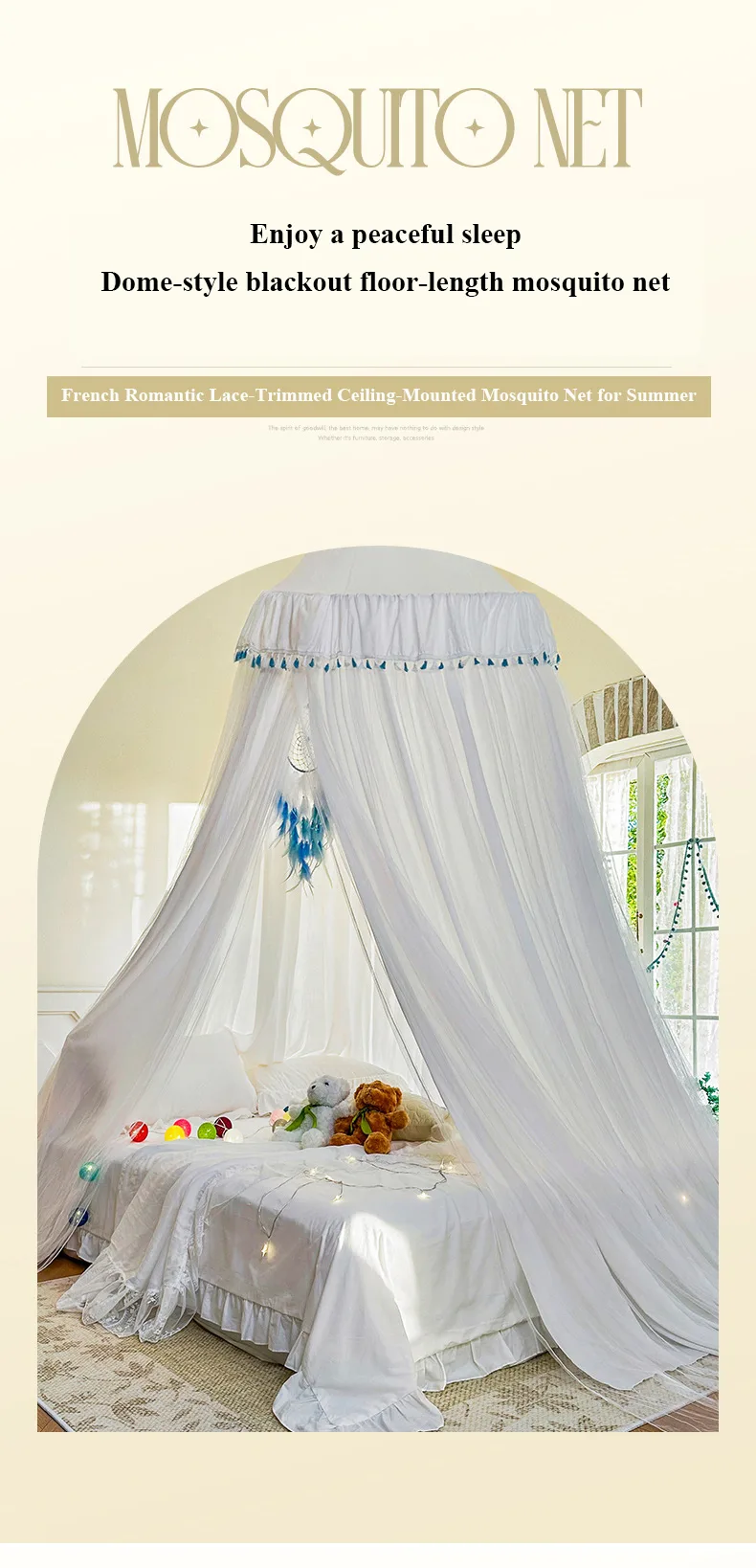 French-style romantic lace-topped, floor-length double-layer bed canopy mosquito net