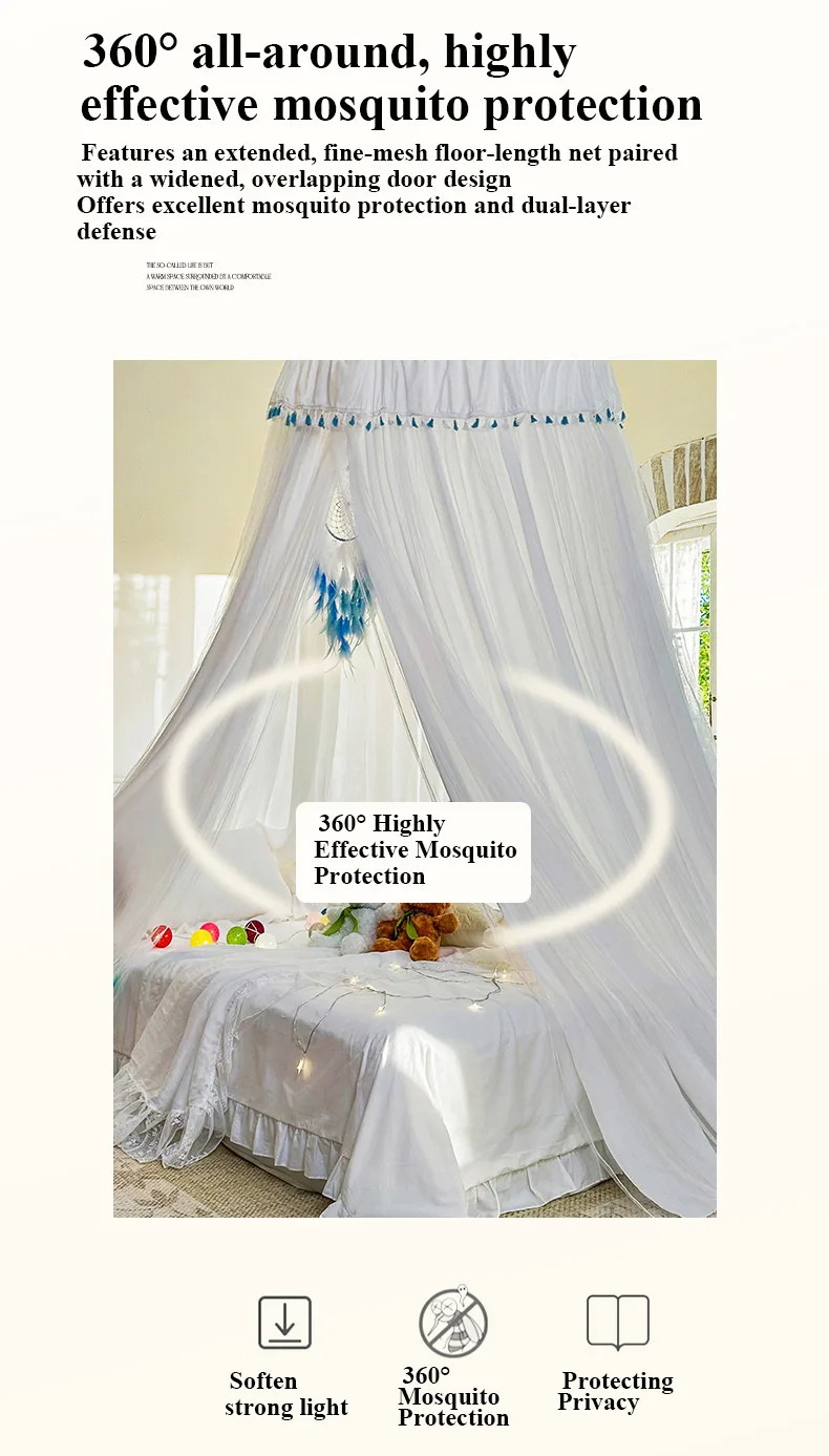 French-style romantic lace-topped, floor-length double-layer bed canopy mosquito net
