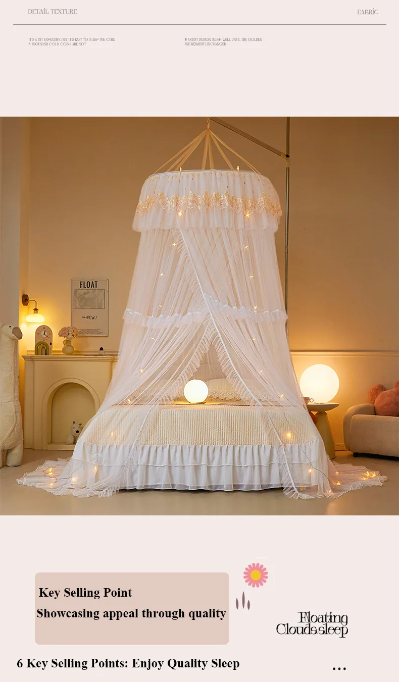 Alice White Princess-style dome mosquito net with French lace trim
