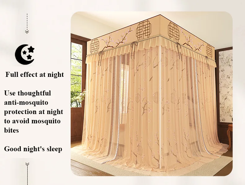 Winter plum blossoms set against the pavilion New Style Double-Layer, Double-Rod Palace-Style Floor-Length Mosquito Net with 5-Sided Light-Blocking Panels