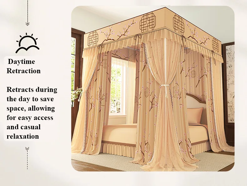 Winter plum blossoms set against the pavilion New Style Double-Layer, Double-Rod Palace-Style Floor-Length Mosquito Net with 5-Sided Light-Blocking Panels