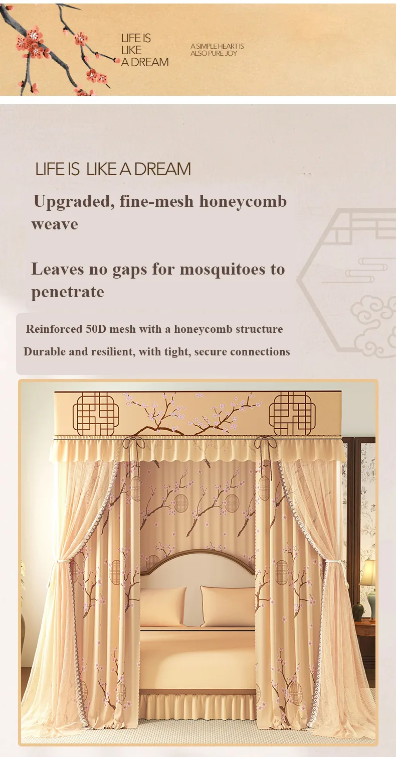 Winter plum blossoms set against the pavilion New Style Double-Layer, Double-Rod Palace-Style Floor-Length Mosquito Net with 5-Sided Light-Blocking Panels