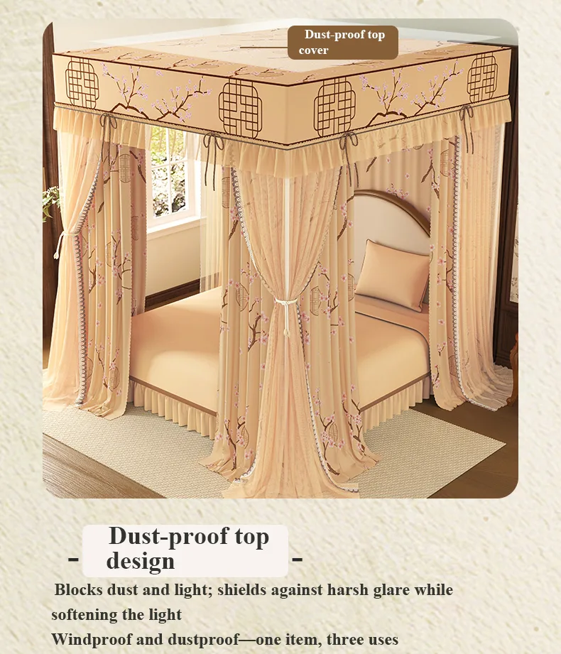 Winter plum blossoms set against the pavilion New Style Double-Layer, Double-Rod Palace-Style Floor-Length Mosquito Net with 5-Sided Light-Blocking Panels