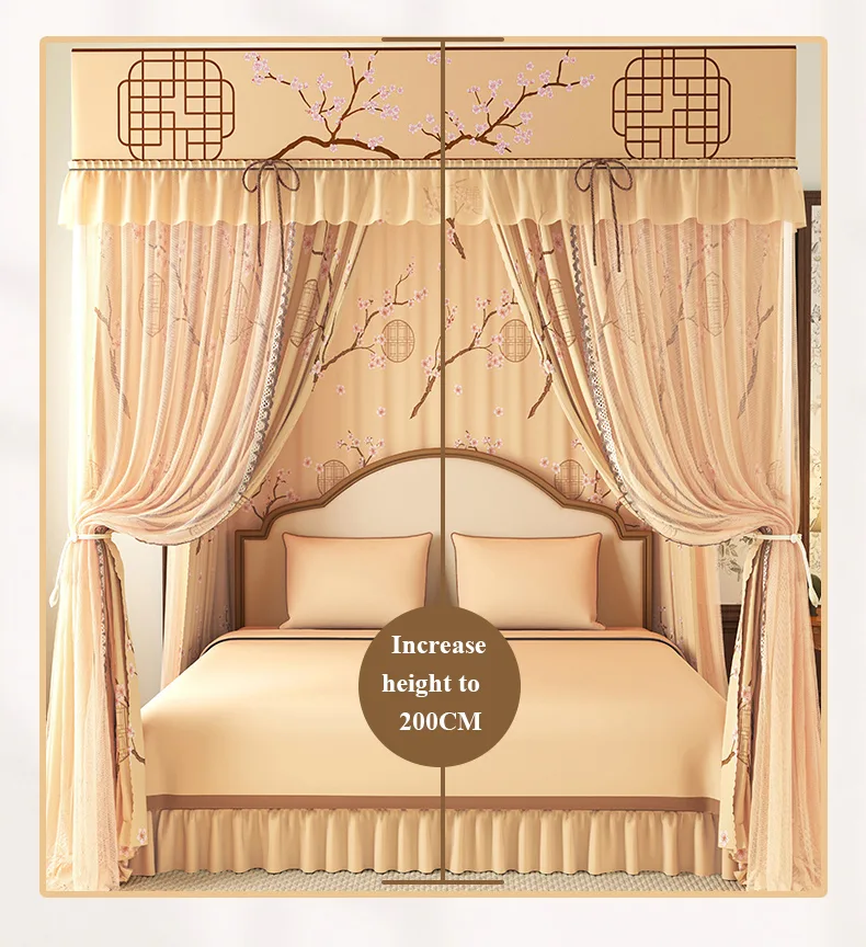 Winter plum blossoms set against the pavilion New Style Double-Layer, Double-Rod Palace-Style Floor-Length Mosquito Net with 5-Sided Light-Blocking Panels