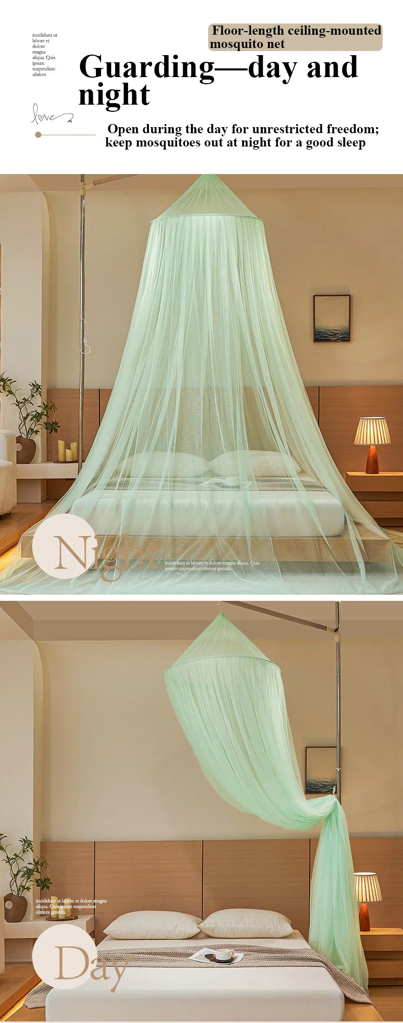 New Fresh & Airy Style Dome-Top Floor-Length Hanging Mosquito Net – Light green