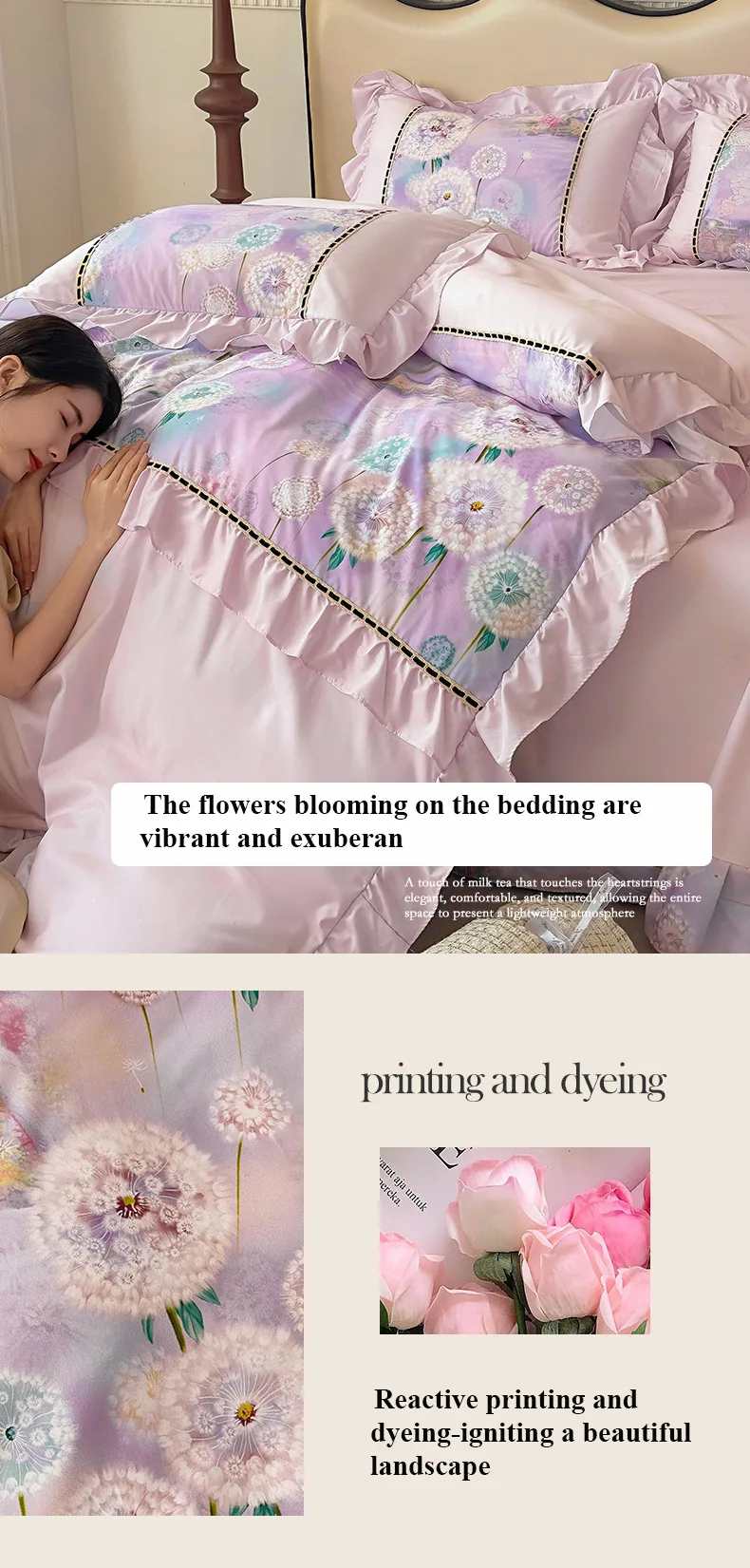 Dandelion French-Style Printed Combed Cotton 4-Piece Bedding Set