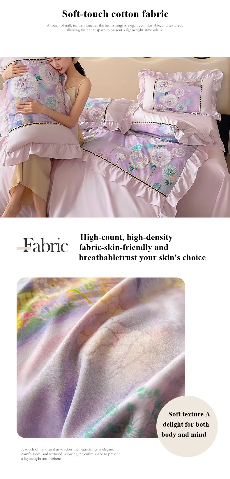 Dandelion French-Style Printed Combed Cotton 4-Piece Bedding Set