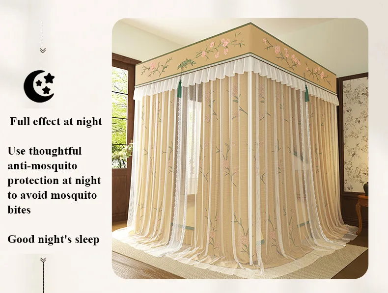 Cloud-Gauze Dreamscape New Style Double-Layer, Double-Rod Palace-Style Floor-Length Mosquito Net with 5-Sided Light-Blocking Panels