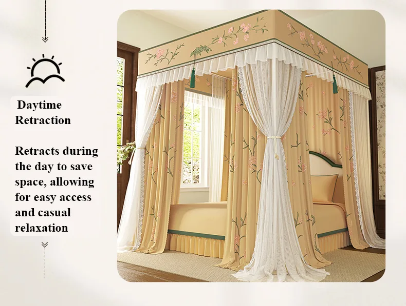 Cloud-Gauze Dreamscape New Style Double-Layer, Double-Rod Palace-Style Floor-Length Mosquito Net with 5-Sided Light-Blocking Panels