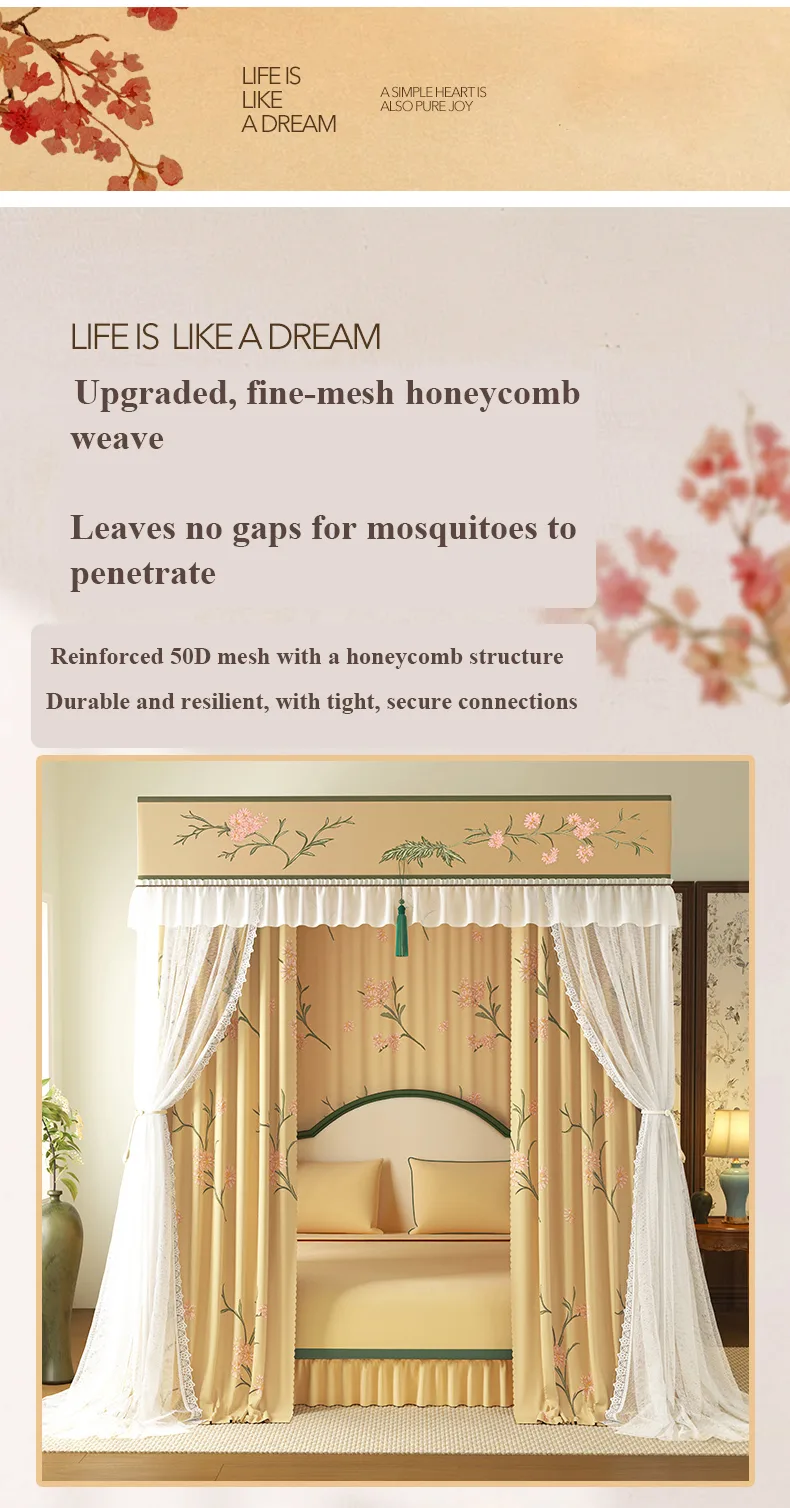 Cloud-Gauze Dreamscape New Style Double-Layer, Double-Rod Palace-Style Floor-Length Mosquito Net with 5-Sided Light-Blocking Panels