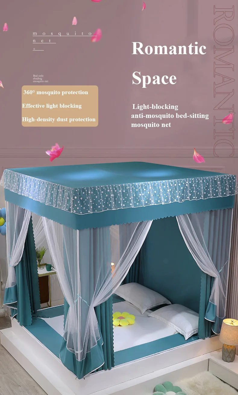 Fresh and minimalist style, featuring a light green bed canopy and mosquito net