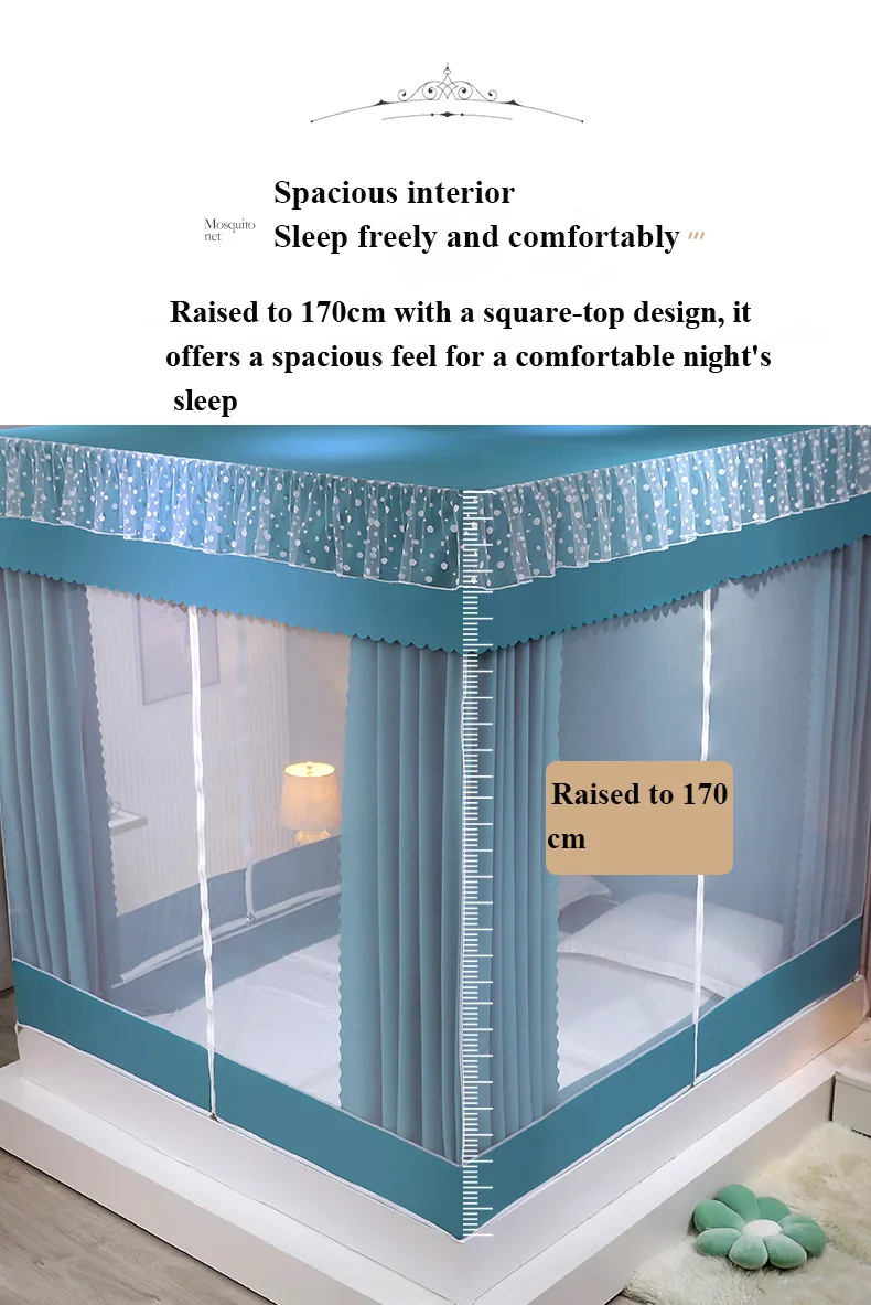 Fresh and minimalist style, featuring a light green bed canopy and mosquito net