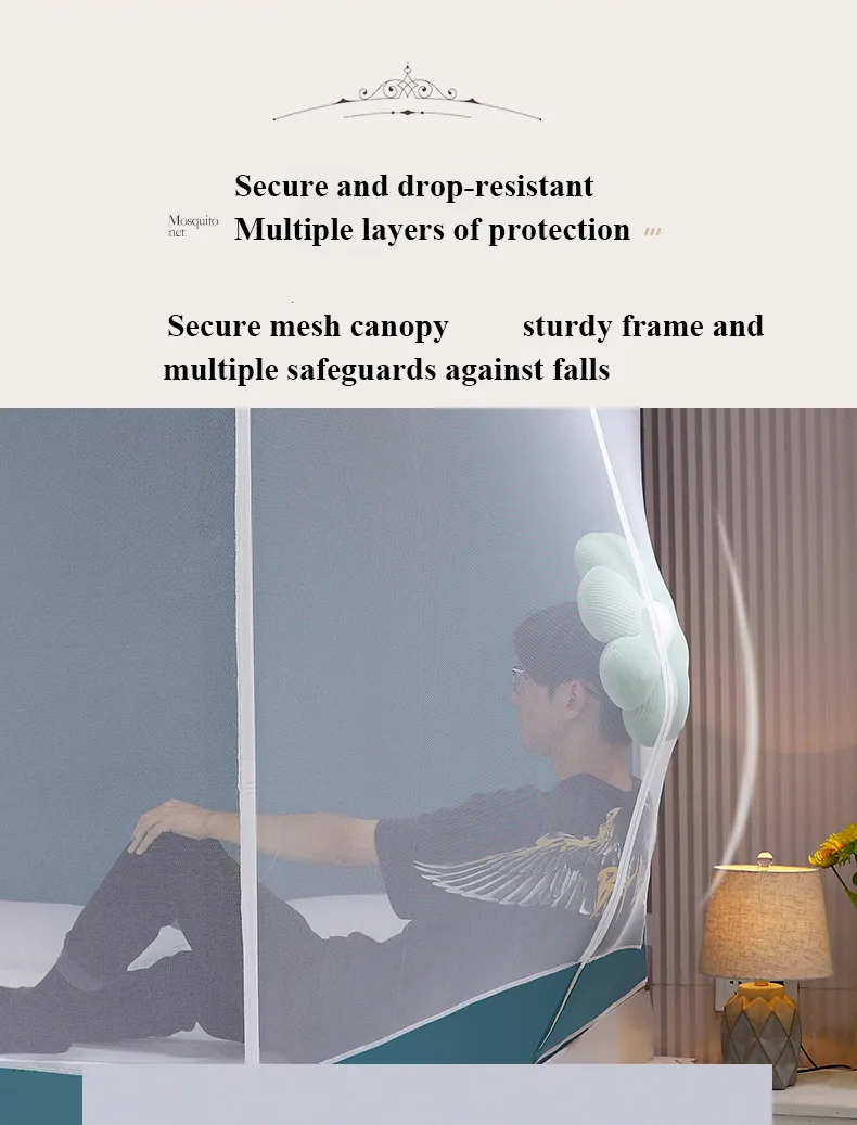 Fresh and minimalist style, featuring a light green bed canopy and mosquito net