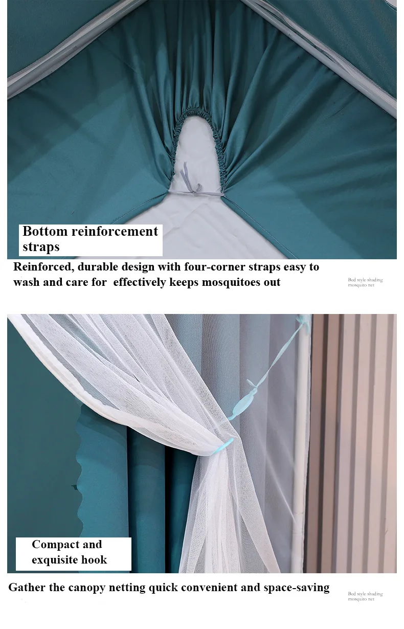 Fresh and minimalist style, featuring a light green bed canopy and mosquito net