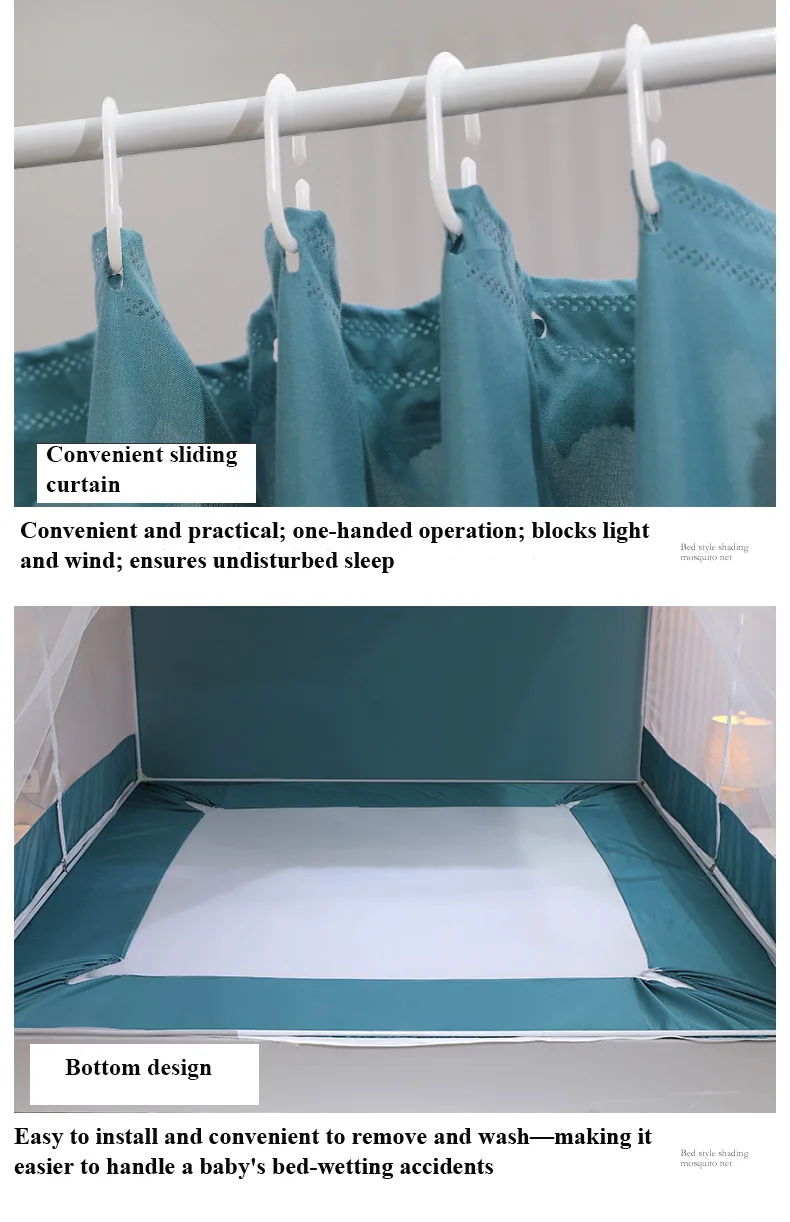 Fresh and minimalist style, featuring a light green bed canopy and mosquito net