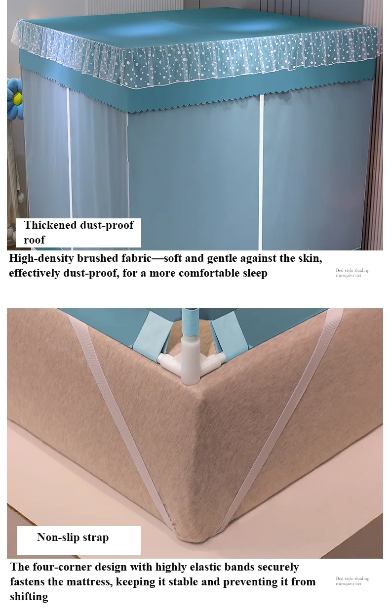 Fresh and minimalist style, featuring a light green bed canopy and mosquito net