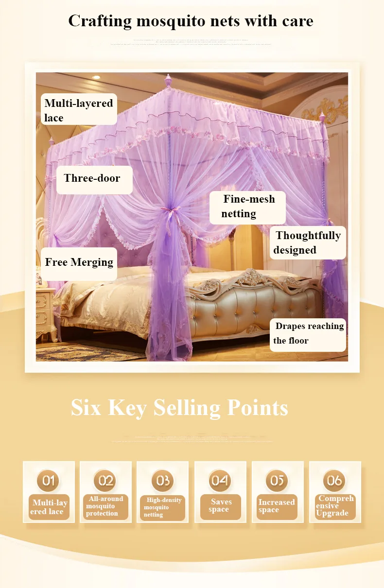 New Princess-style mosquito net with three openings, floor-standing frame, and high-density, thickened mesh New Princess-style mosquito net with three openings, floor-standing frame, and high-density, thickened mesh