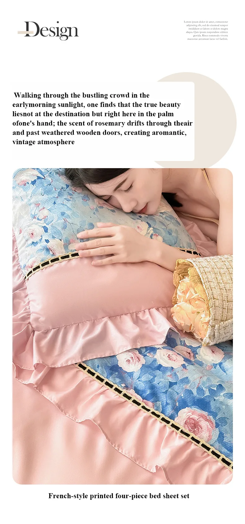 Pink rose French-Style Printed Combed Cotton 4-Piece Bedding Set
