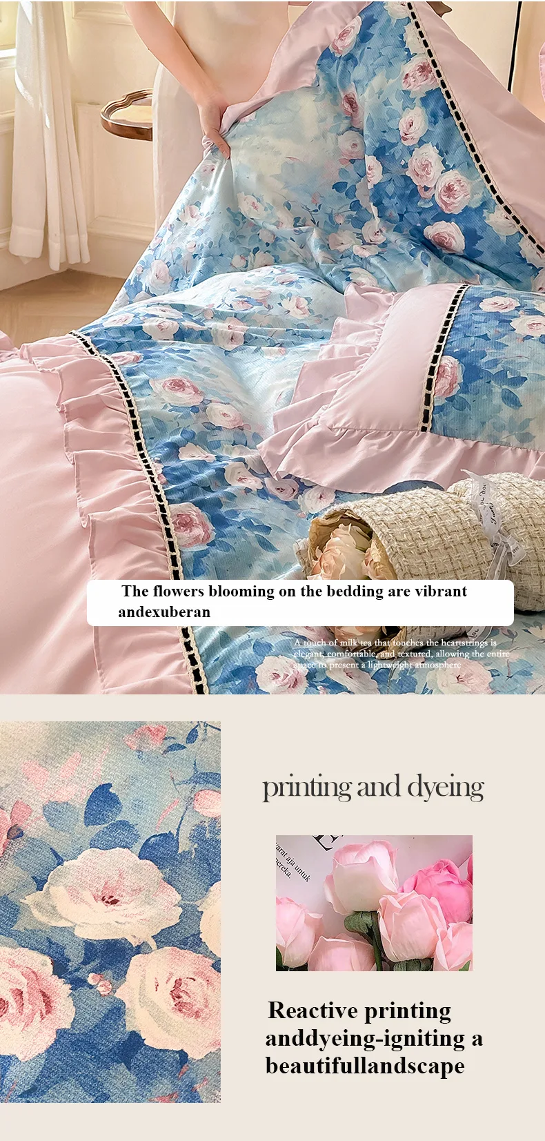 Pink rose French-Style Printed Combed Cotton 4-Piece Bedding Set