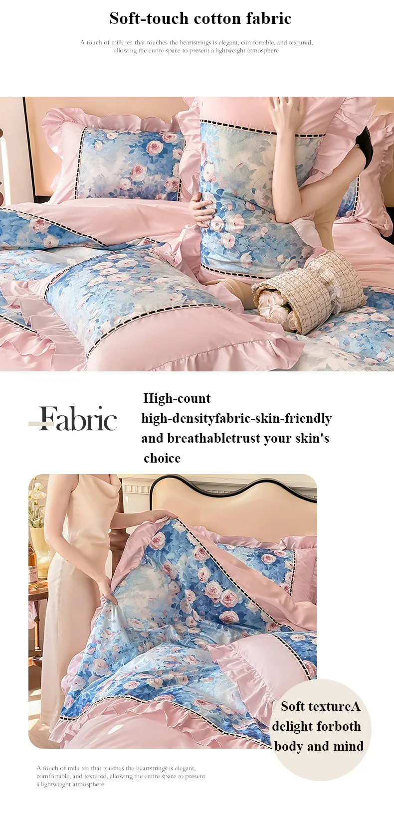 Pink rose French-Style Printed Combed Cotton 4-Piece Bedding Set