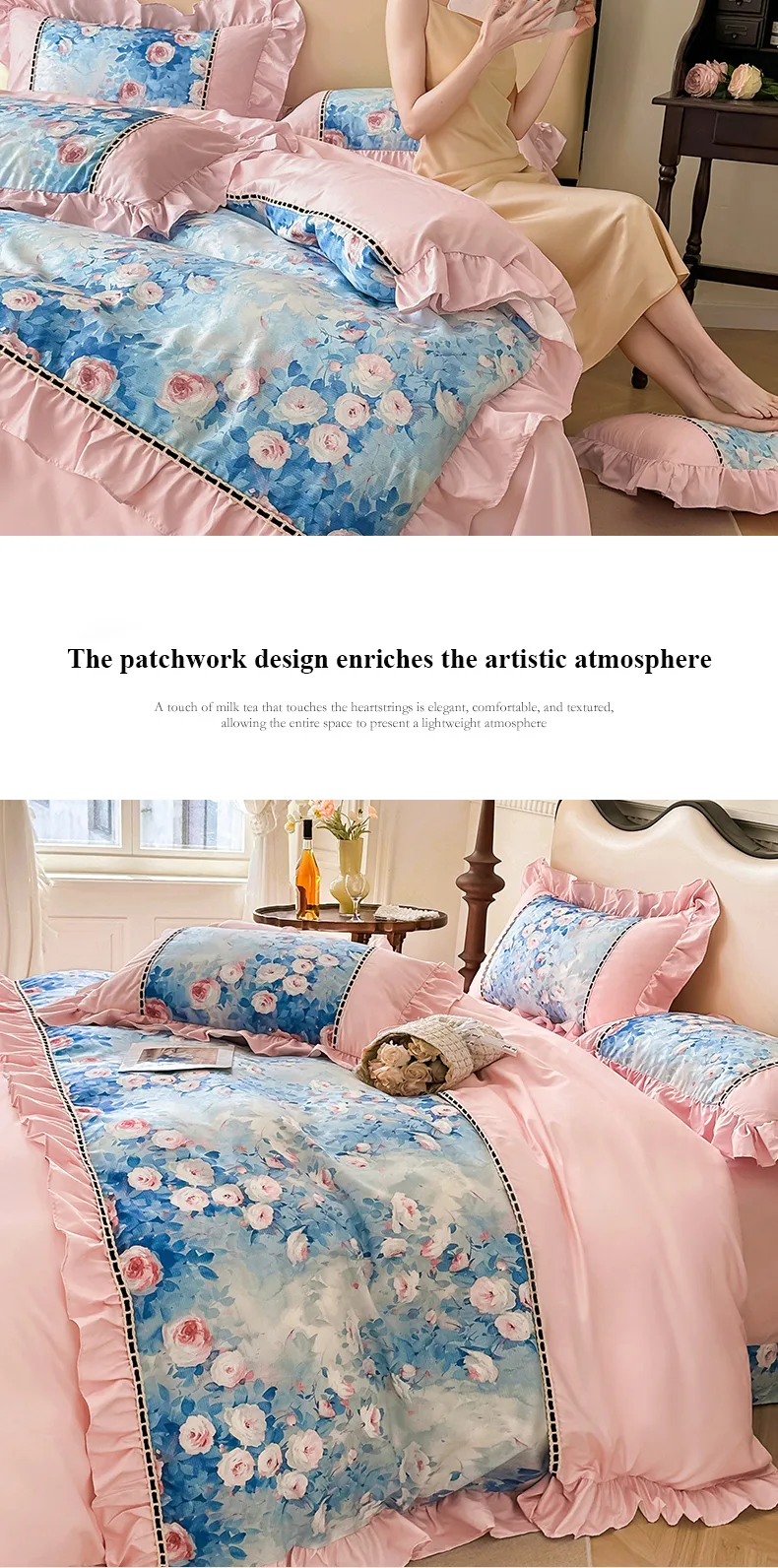 Pink rose French-Style Printed Combed Cotton 4-Piece Bedding Set