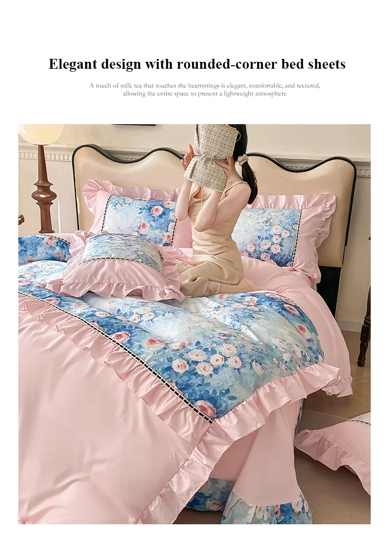 Pink rose French-Style Printed Combed Cotton 4-Piece Bedding Set