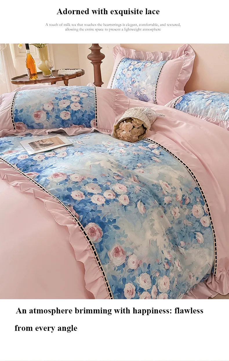 Pink rose French-Style Printed Combed Cotton 4-Piece Bedding Set