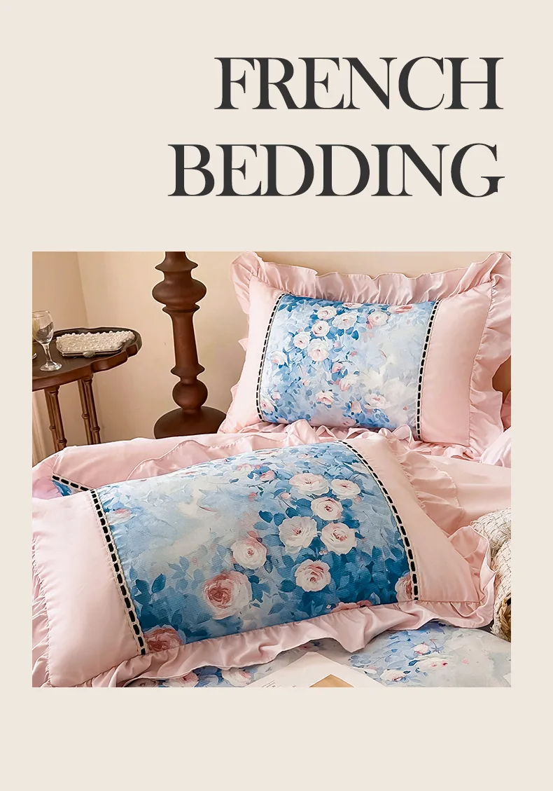 Pink rose French-Style Printed Combed Cotton 4-Piece Bedding Set