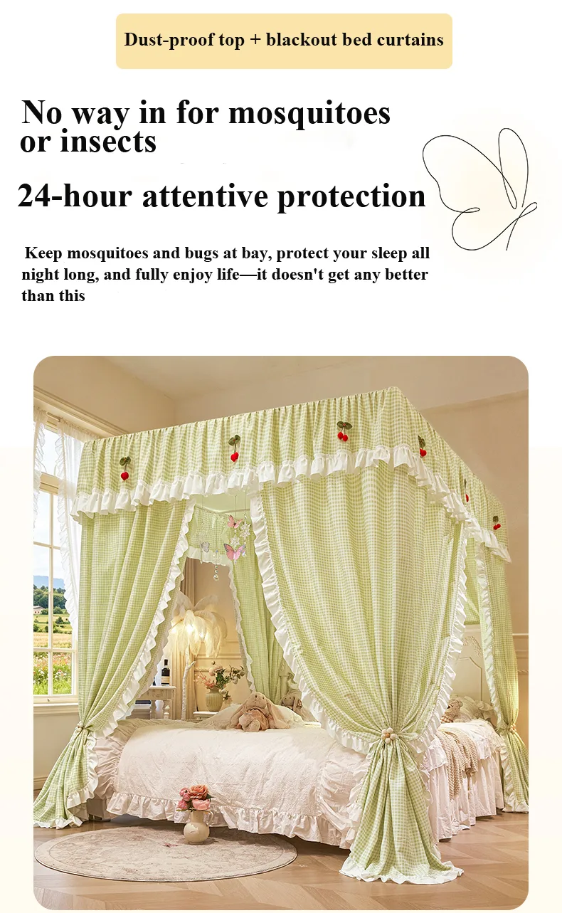 Pastoral-style floor-length plaid mosquito net with a princess-court aesthetic Geyu Green Pastoral-style floor-length plaid mosquito net with a princess-court aesthetic Geyu Green