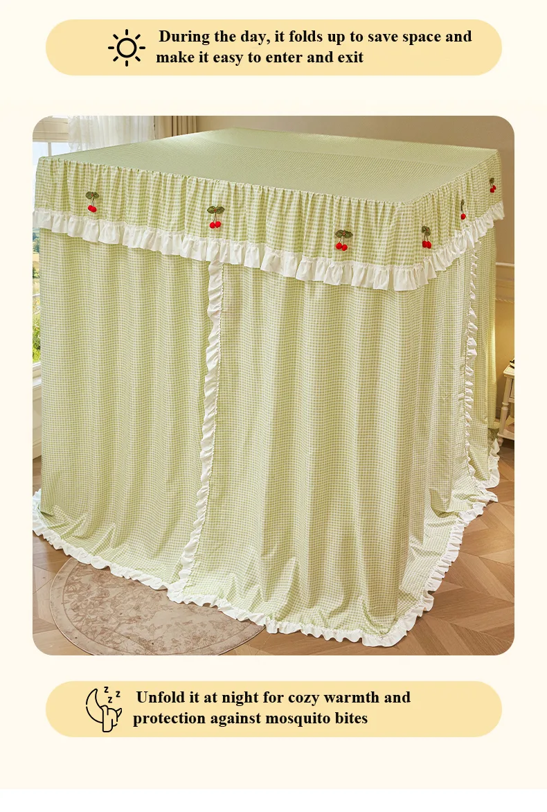 Pastoral-style floor-length plaid mosquito net with a princess-court aesthetic Geyu Green Pastoral-style floor-length plaid mosquito net with a princess-court aesthetic Geyu Green