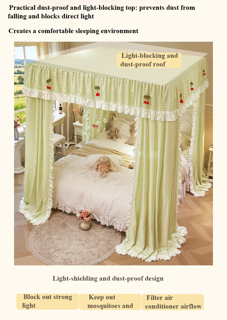 Pastoral-style floor-length plaid mosquito net with a princess-court aesthetic Geyu Green Pastoral-style floor-length plaid mosquito net with a princess-court aesthetic Geyu Green