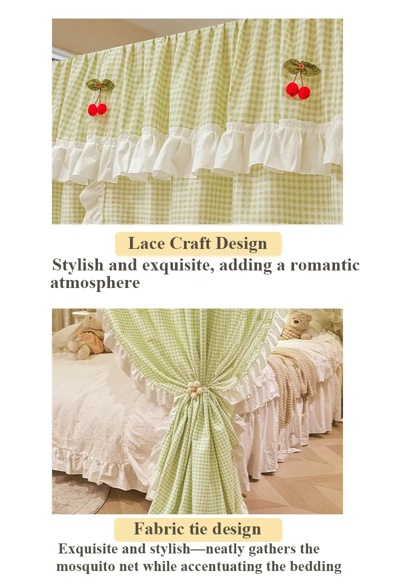 Pastoral-style floor-length plaid mosquito net with a princess-court aesthetic Geyu Green Pastoral-style floor-length plaid mosquito net with a princess-court aesthetic Geyu Green