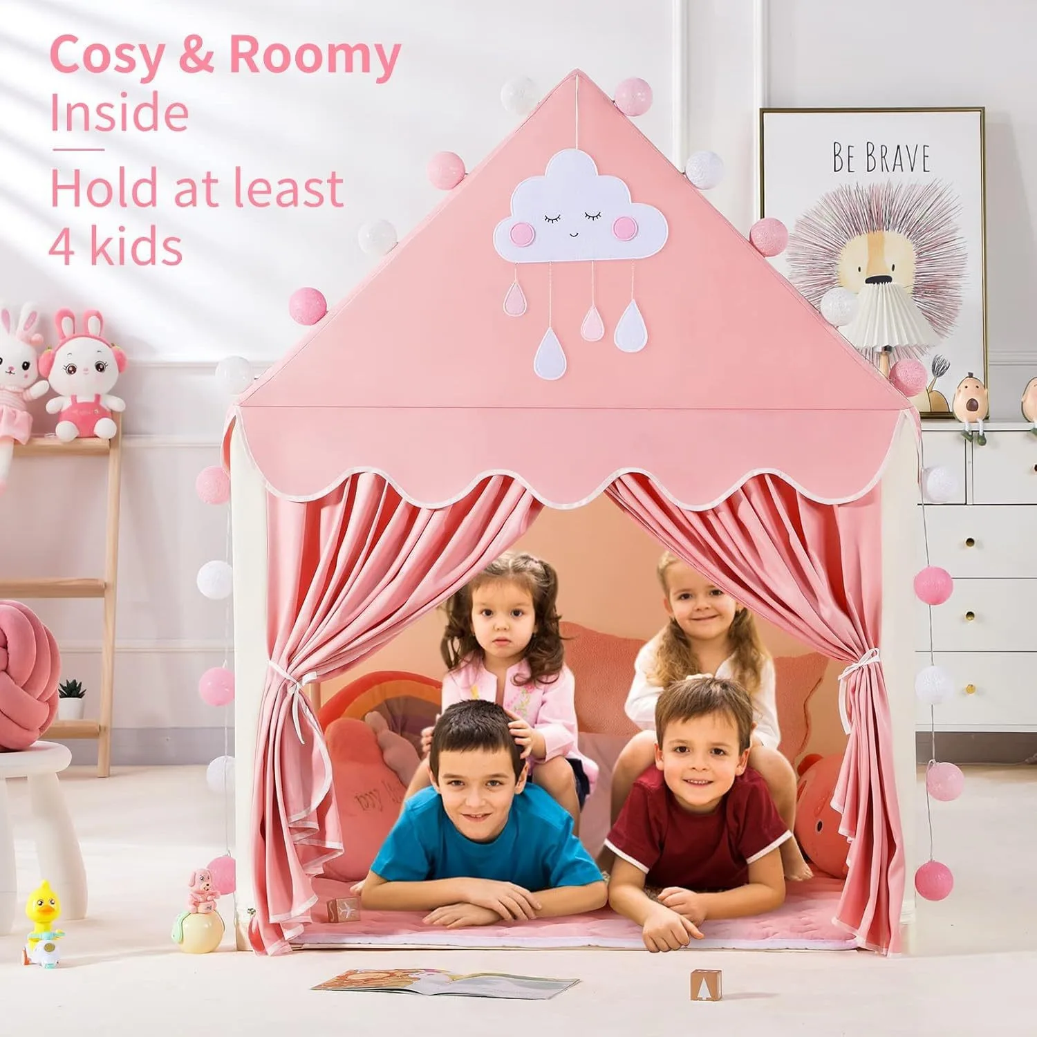 Indoor play tent for boys and girls—castle-style playhouse, princess dream bed tent, and secret hideout