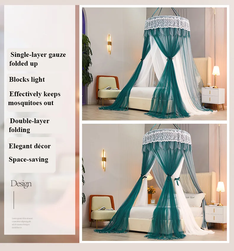 Qianshan Duixue Dark Green New Blackout Double-Layer Bed Canopy with Dome and Ceiling Mount