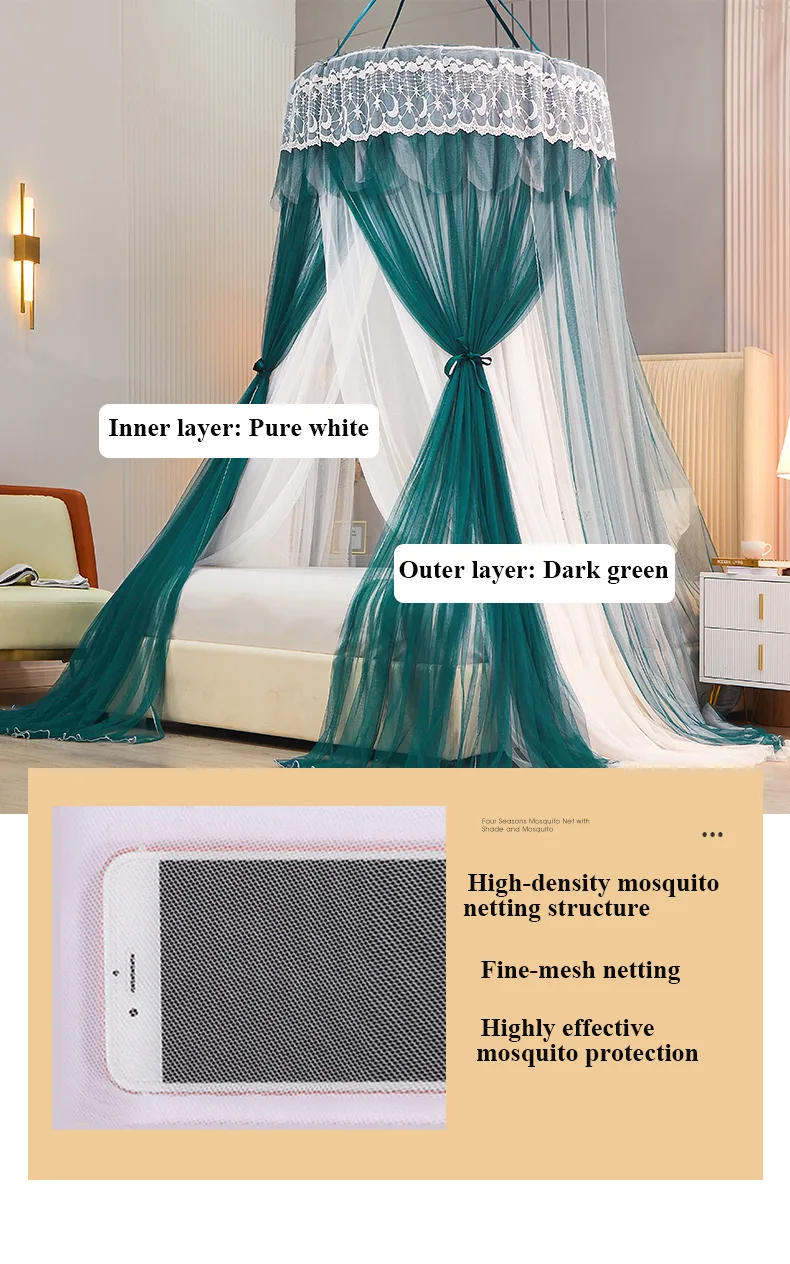 Qianshan Duixue Dark Green New Blackout Double-Layer Bed Canopy with Dome and Ceiling Mount