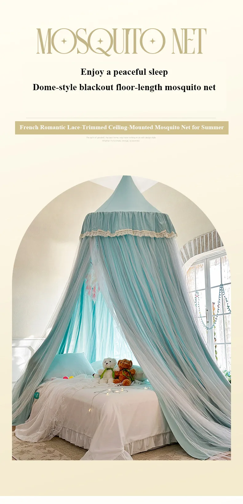 French Romantic Lace-Trimmed Floor-Length Double-Layer Bed Canopy/Mosquito Net – Exquisite Misty Blue