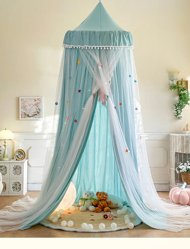 French Romantic Lace-Trimmed Floor-Length Double-Layer Bed Canopy/Mosquito Net – Exquisite Misty Blue