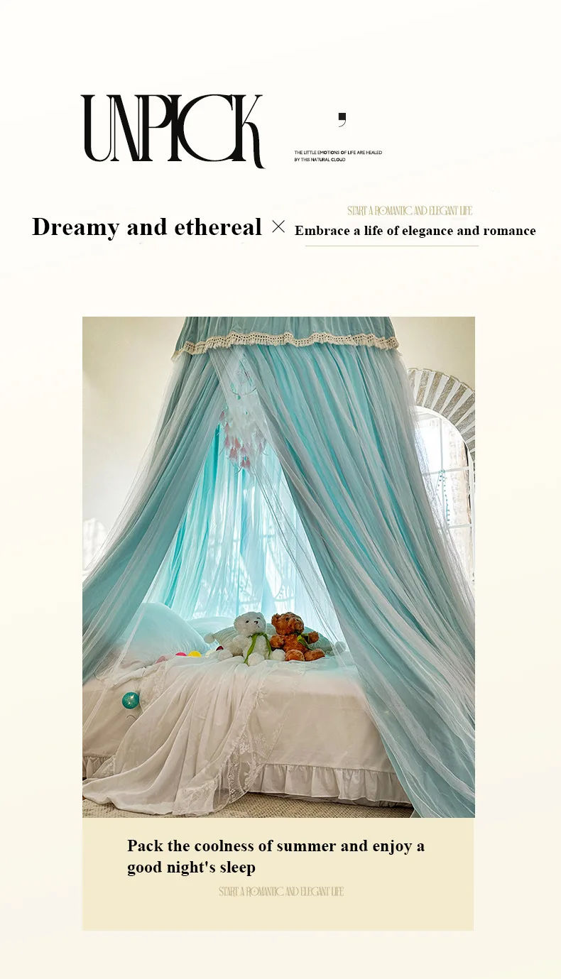 French Romantic Lace-Trimmed Floor-Length Double-Layer Bed Canopy/Mosquito Net – Exquisite Misty Blue